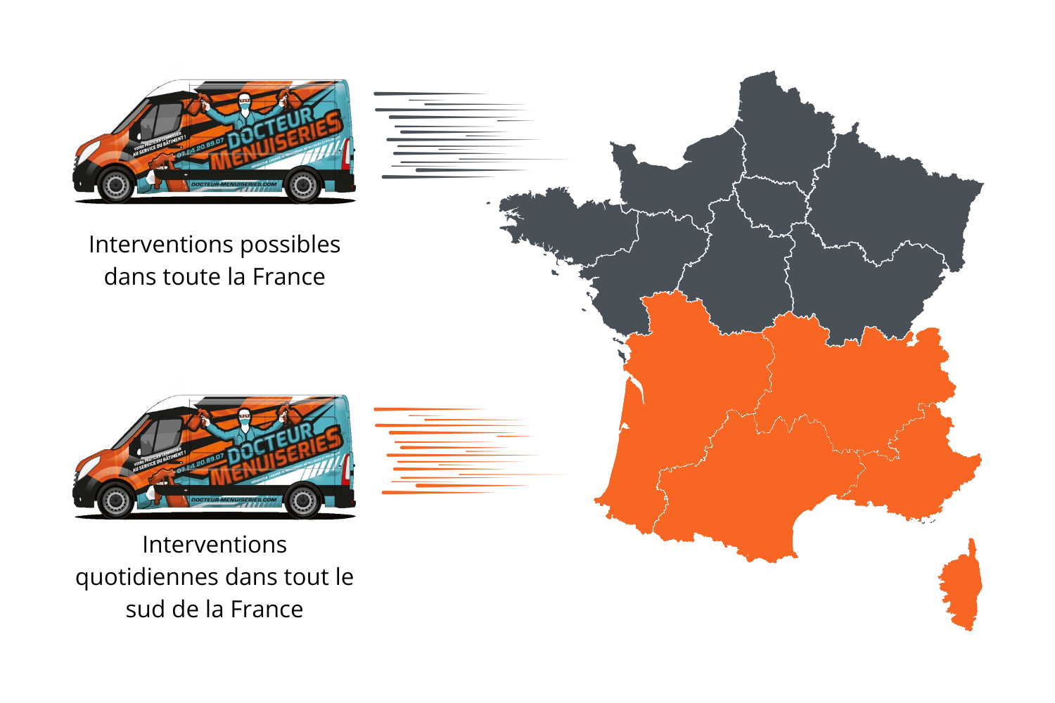 Carte de France des zones d'interventions de Docteur Menuiseries.