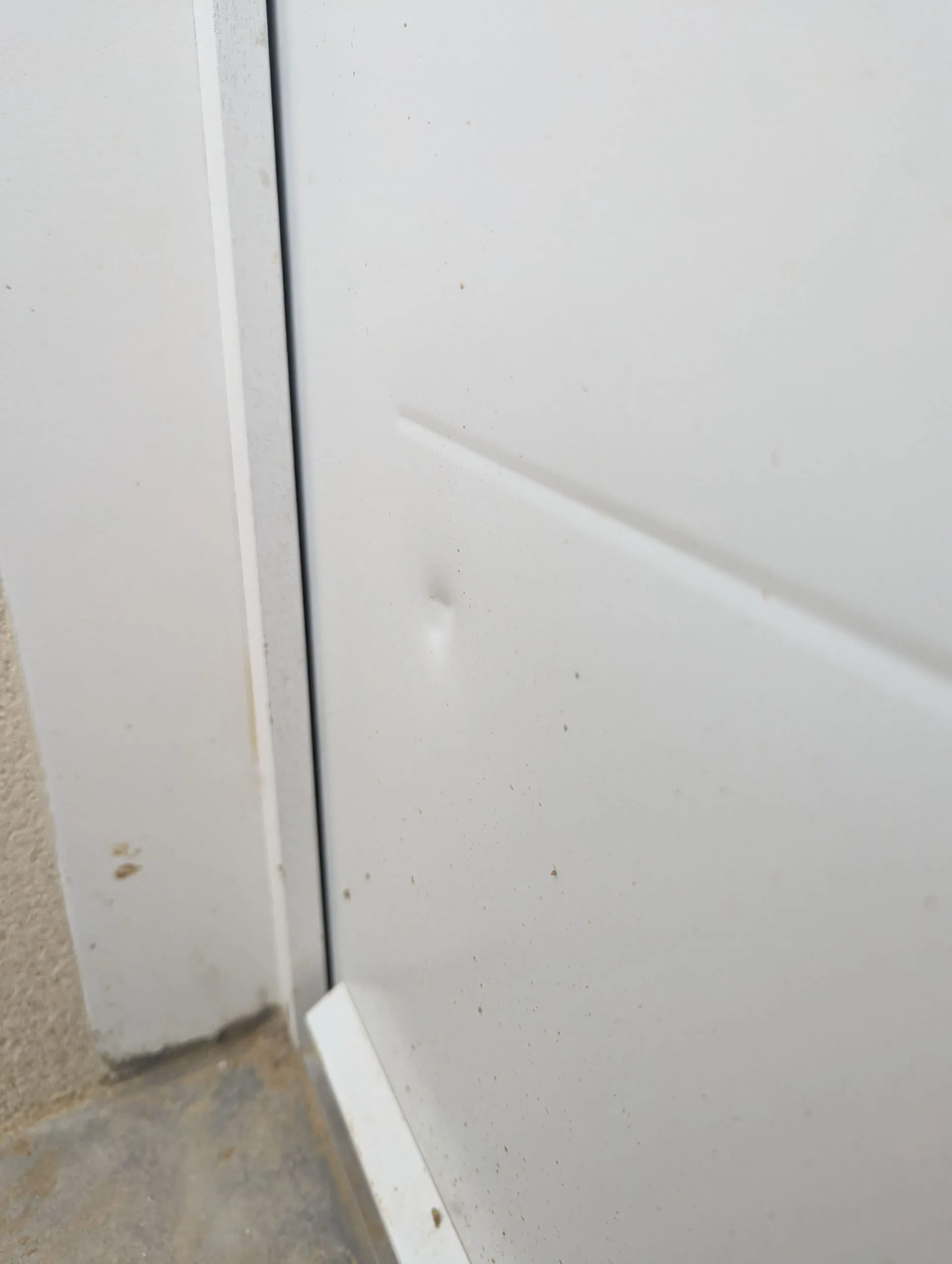 Avant-intervention sur porte de garage blanche.